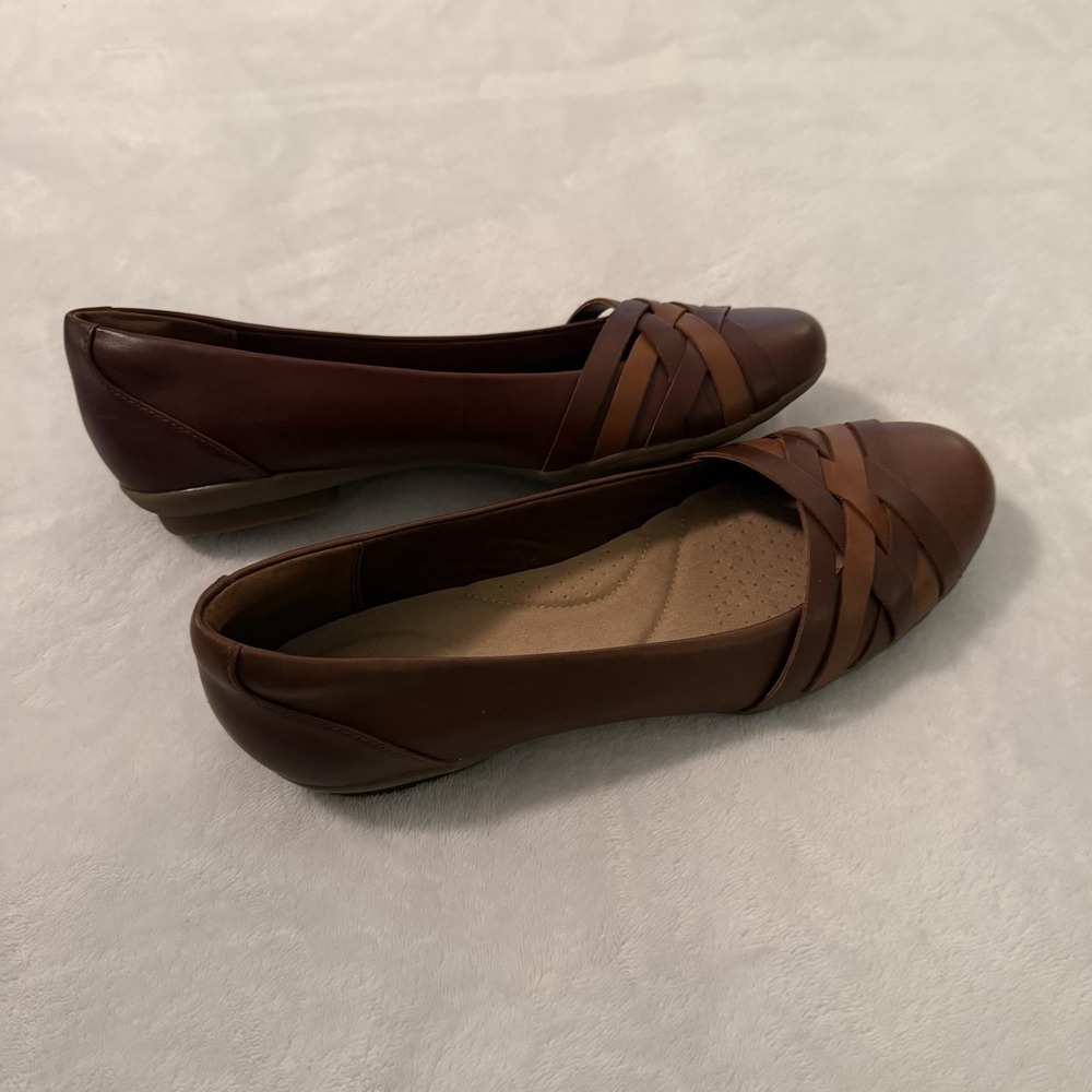 Clarks Sara Clover Mahogany Brown‎ Leather Woven Comfort Flats Women's Size 7.5M - Picture 5 of 9